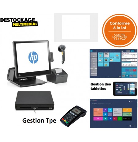 PACK CAISSE ENREGISTREUSE TACTILE HP RP7 5800 DISQUE DUR SSD LOGICIEL CERTIFIE CONFORME