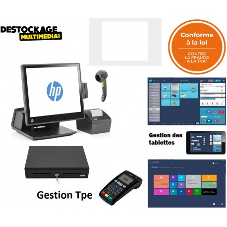 PACK CAISSE ENREGISTREUSE TACTILE HP RP7 5800 DISQUE DUR SSD LOGICIEL CERTIFIE CONFORME