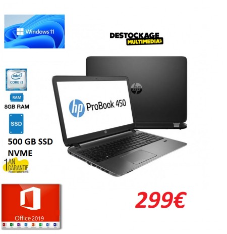 HP PROBOOK 450 G3 CORE I3 6100U 8 GB 500 GO SSD NVME DVDRW WEBCAM WIFI WINDOWS 11
