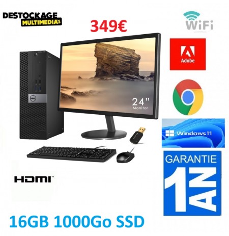 PC COMPLET DELL OPTIPLEX 3040 CORE I5 6500 16GO 1000Go SSD WIFI WIN11+ ECRAN 24 POUCES IYAMA