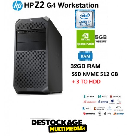 HP Z2 G4 reconditionnée Core i7 8e génération 32 Go 512 Go 3TB HDD Quadro P2000 Wifi Windows 11 Professional