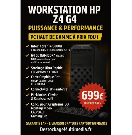 Workstation HP Z4 G4 i7-9800X | 64Go RAM | 1To SSD + 3To HDD | Quadro P2000 | Windows 11 Pro