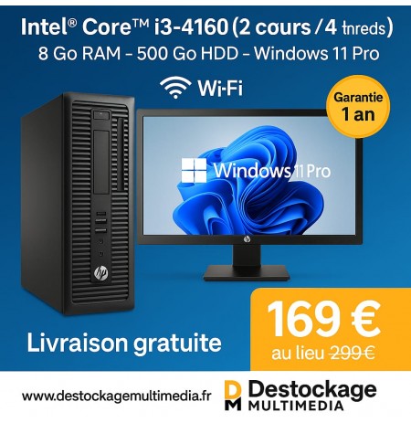 PC COMPLET HP PRODESK 400 G2 CORE I3 4190 8GB 500GO WIFI DVDRW WINDOWS 11 ECRAN 22