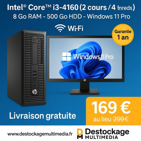 PC COMPLET HP PRODESK 400 G2 CORE I3 4190 8GB 500GO WIFI DVDRW WINDOWS 11 ECRAN 22