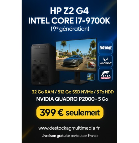 HP Z2 G4 reconditionnée Core i7 8e génération 32 Go 512 Go 3TB HDD Quadro P2000 Wifi Windows 11 Professional