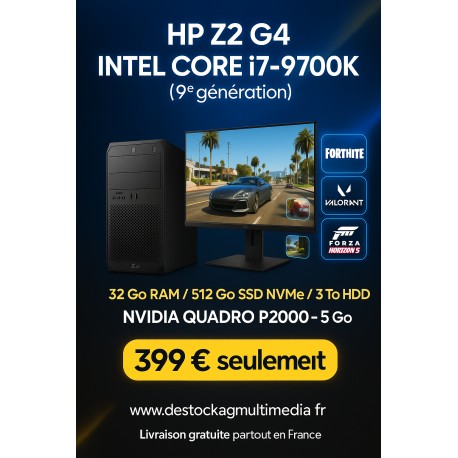 HP Z2 G4 reconditionnée Core i7 8e génération 32 Go 512 Go 3TB HDD Quadro P2000 Wifi Windows 11 Professional