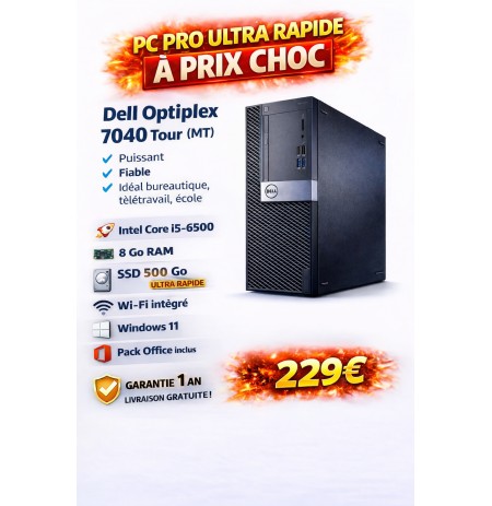 Dell Optiplex 7040 Tour i5 8Go RAM SSD 500Go Office Windows 11 WiFi PC Bureau Pas Cher