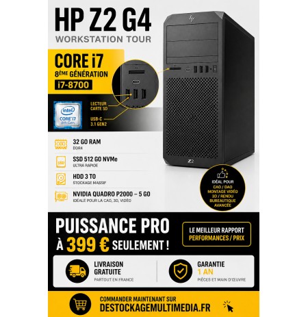 HP Z2 G4 reconditionnée Core i7 8e génération 32 Go 512 Go 3TB HDD Quadro P2000 Wifi Windows 11 Professional