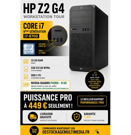HP Z2 G4 reconditionnée Core i7 8e génération 32 Go 512 Go 3TB HDD Quadro P4000 Wifi Windows 11 Professional