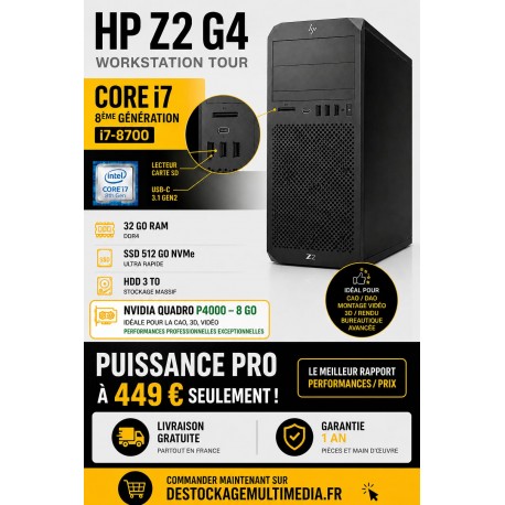 HP Z2 G4 reconditionnée Core i7 8e génération 32 Go 512 Go 3TB HDD Quadro P4000 Wifi Windows 11 Professional