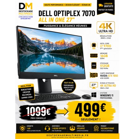 Dell OptiPlex 7070 All-in-One 27" 4K Intel Core i7-9700 16Go SSD 512Go GTX 1050 Windows 11 Pro