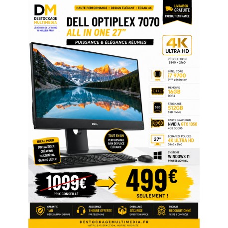Dell OptiPlex 7070 All-in-One 27" 4K Intel Core i7-9700 16Go SSD 512Go GTX 1050 Windows 11 Pro