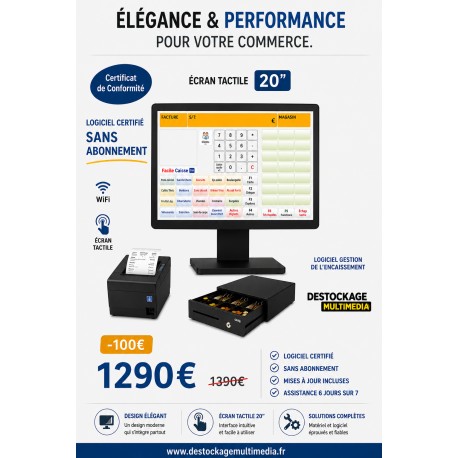 Pack caisse enregistreuse tactile 20 pouces tous commerces avec logiciel au norme