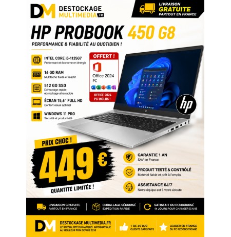 PC Portable HP ProBook 450 G8 i5-1135G7 16Go 512Go SSD Windows 11 Pro Office 2024
