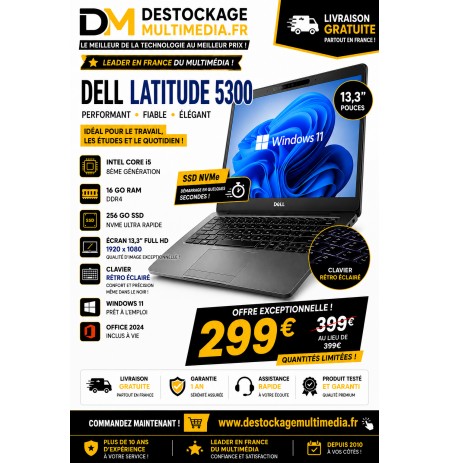 Dell Latitude 5300 Core i5 8ème Génération 16 Go RAM SSD NVMe 256 Go Windows 11 Office 2024