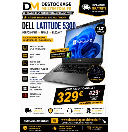 Dell Latitude 5300 Core i5 8ème Génération 16 Go RAM SSD NVMe 256 Go Windows 11 Office 2024