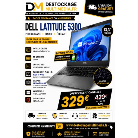 Dell Latitude 5300 Core i5 8ème Génération 16 Go RAM SSD NVMe 256 Go Windows 11 Office 2024