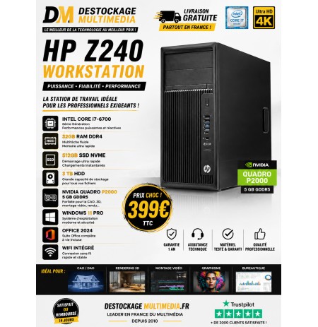 Hp Z240 Core i7-6700 32Gb 500 SSD 3 TB NVIDIA QUADRO P2000 5 GB Windows 11 Wifi