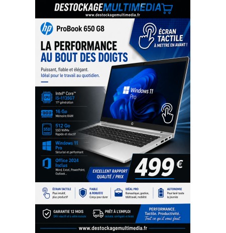 PC Portable HP ProBook 650 G8 i5 16Go 512Go SSD Écran Tactile Win 11