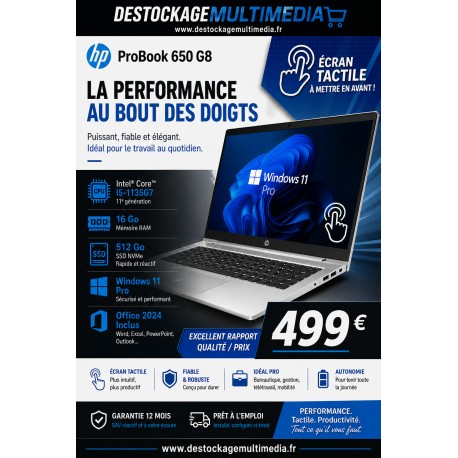 PC Portable HP ProBook 650 G8 i5 16Go 512Go SSD Écran Tactile Win 11