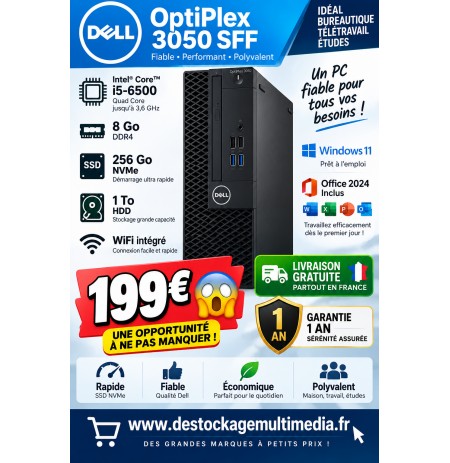 Dell OptiPlex 3050 SFF i5-6500 8Go 256Go NVMe + 1To