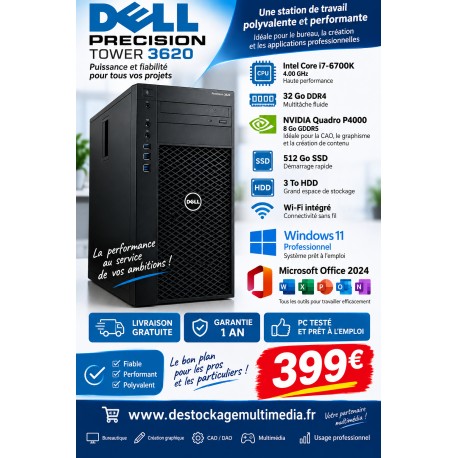 Dell Precision Tower 3620 i7-6700K 32 gb 512 SSD 3to Quadro P4000 Win 11