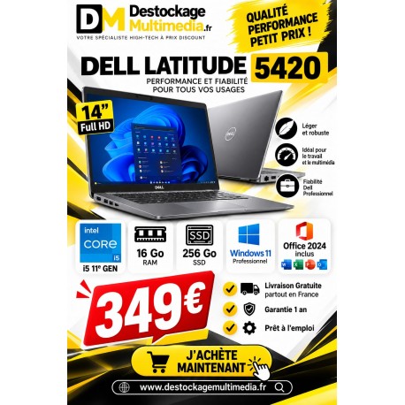 Dell Latitude 5420 i5 11e Gen 16 Go RAM  SSD 256 Go  Win 11  Office 2024
