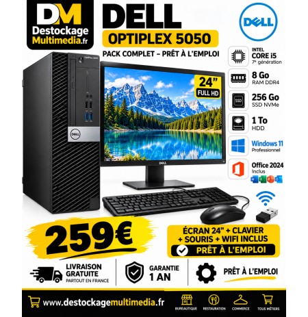 PC Dell OptiPlex 5050 i5 7e génération, 8 Go RAM, SSD NVMe 256 Go + HDD 1 To avec écran 24 pouces