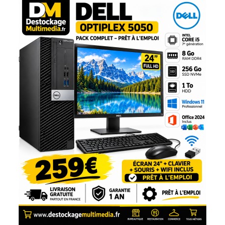 PC Dell OptiPlex 5050 i5 7e génération, 8 Go RAM, SSD NVMe 256 Go + HDD 1 To avec écran 24 pouces